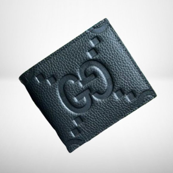 GUCCI BLACK LEATHER GG MONOGRAM LOGO BI-FOLD WALLET - Picture 1 of 6